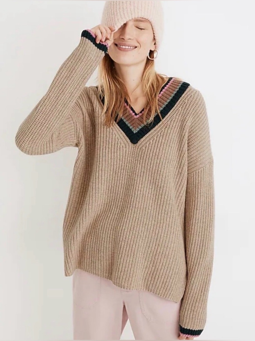 Madewell Tipped Forrest V-Neck Sweater in heather birch
